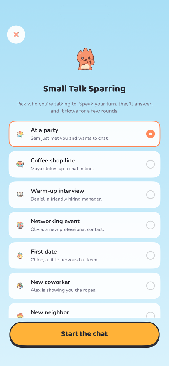 Small Talk Sparring — pick which of eight characters you want to practice a conversation with