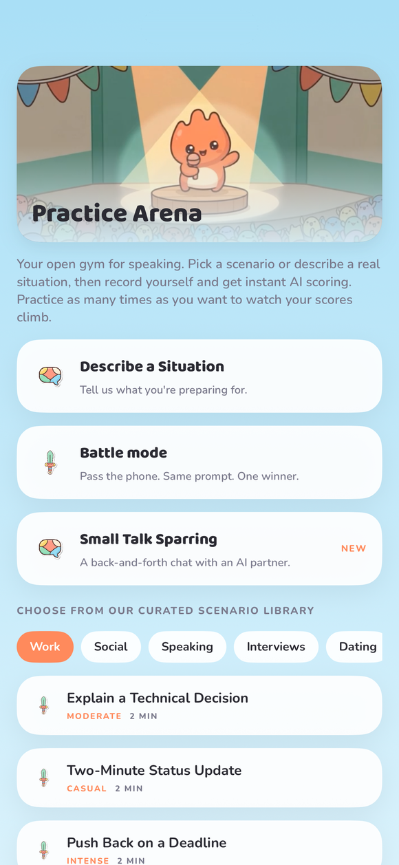 Practice Arena with scenario library, Battle and Sparring modes