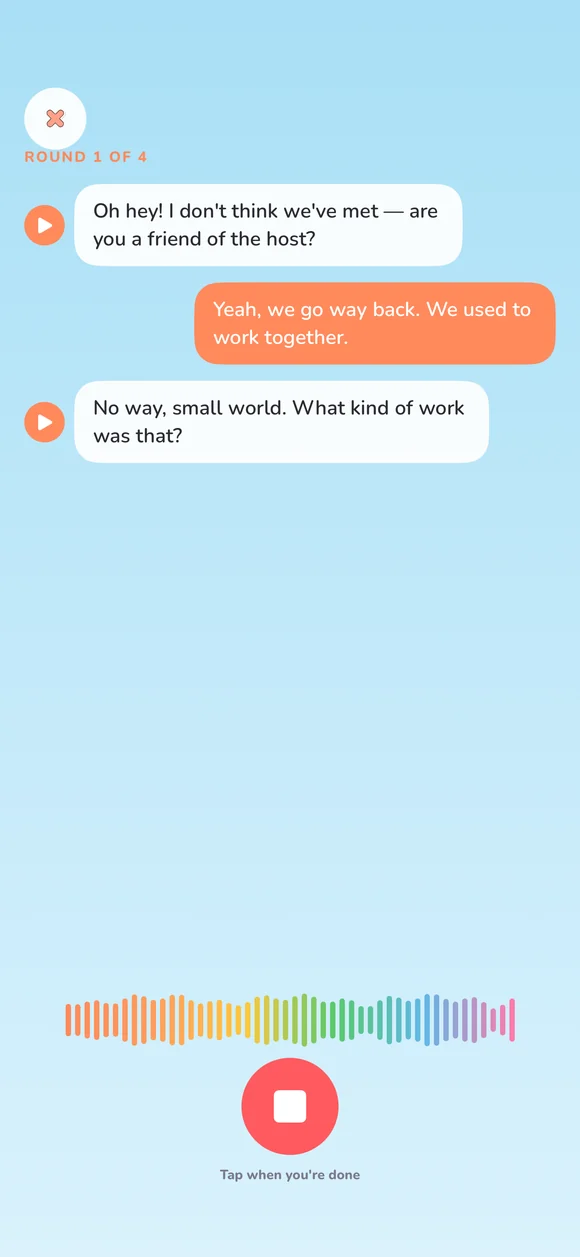Speaking your turn in a Small Talk Sparring conversation, with a live waveform as you talk